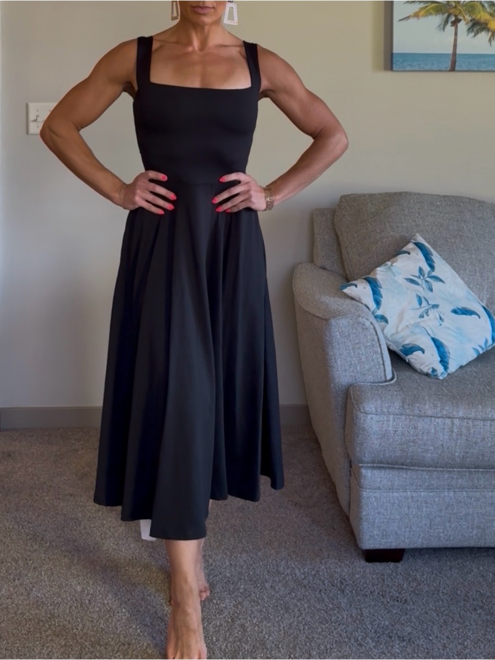 Classic Black Square-Neck Midi Dress